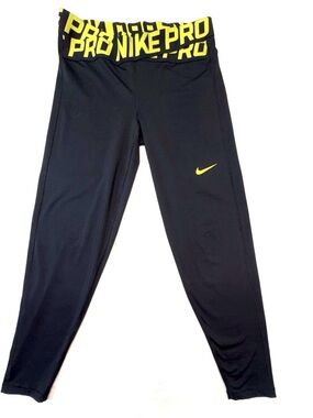 Nike Pro Dry Fit Black Leggings with Neon Yellow Logo Size Large